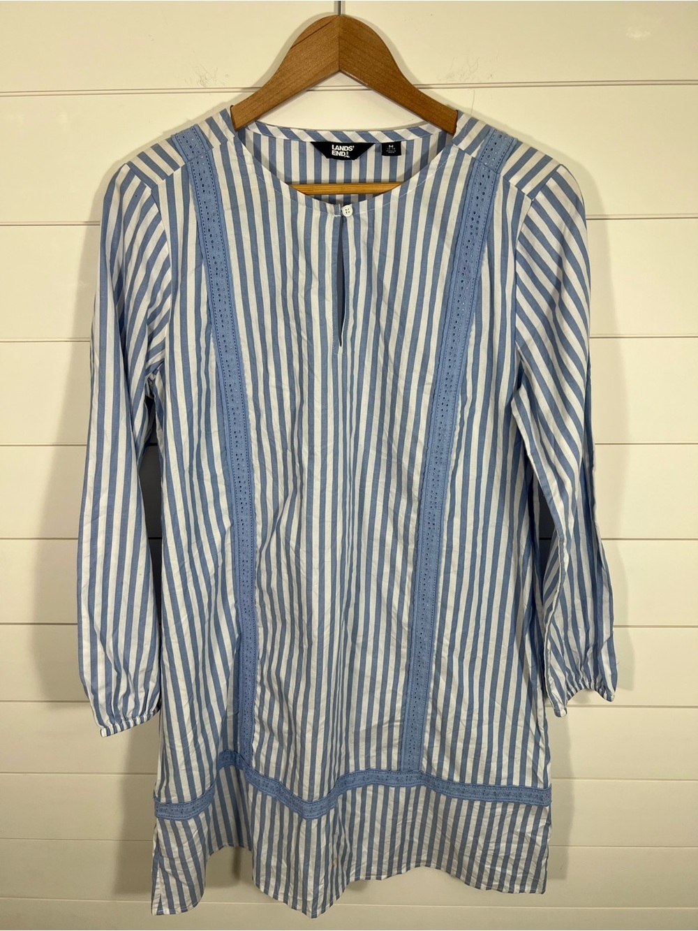Lands’ End Blue Stripe 100% Cotton Tunic Dress Womens Medium Coastal Cottagecore - Picture 2 of 16